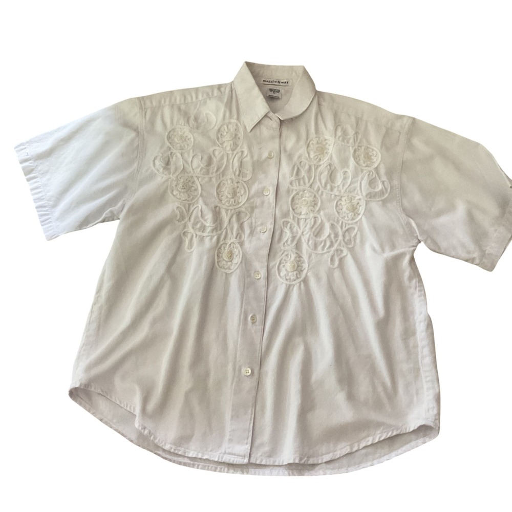 Maggie & Max White Cotton Embroidered Beaded Button Down Shirt‎ Womens Large
